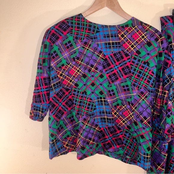 Vintage ‘90s Lee Winter Rainbow Plaid Patchwork Top + Knee Length Skirt Set L - Picture 3 of 13